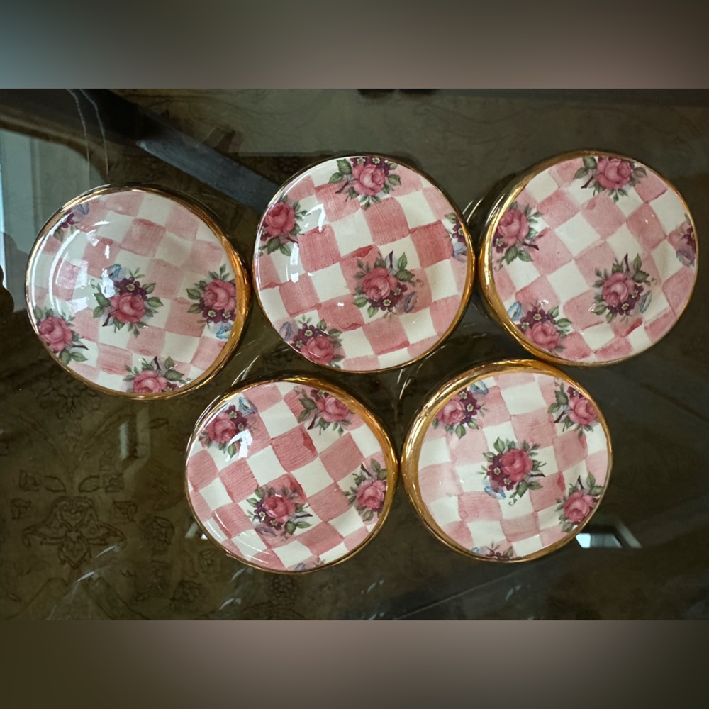 Mackenzie-Childs Handpainted Ceramic pink and white check drawer knob